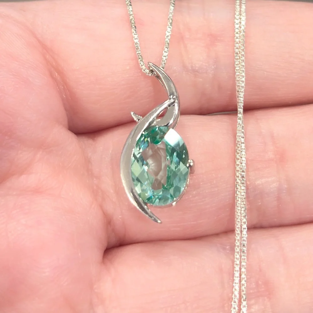 Vintage 14K Green Spinel Pendant: White Gold Crescent Abstract Slider Piece - Picture 3 of 14
